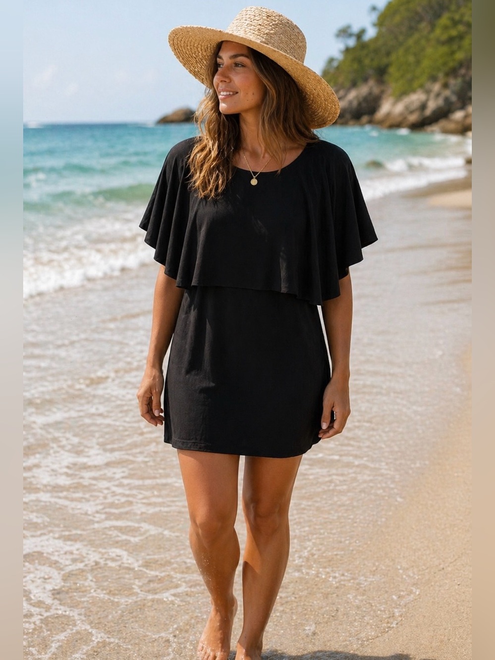 Free People Beach Mini Dress / Tunic  in Black size XS Coastal Chic Minimalist